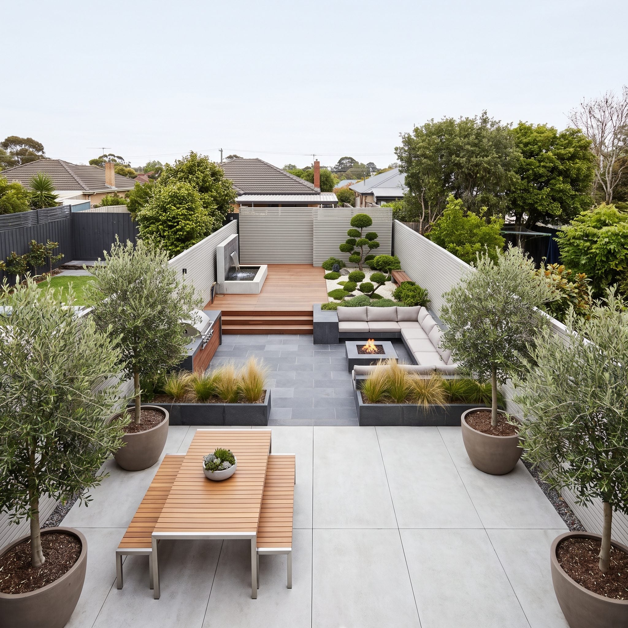 Narrow backyard divided into dining, lounging and retreat areas by a planter, an offset slatted screen and changing paving