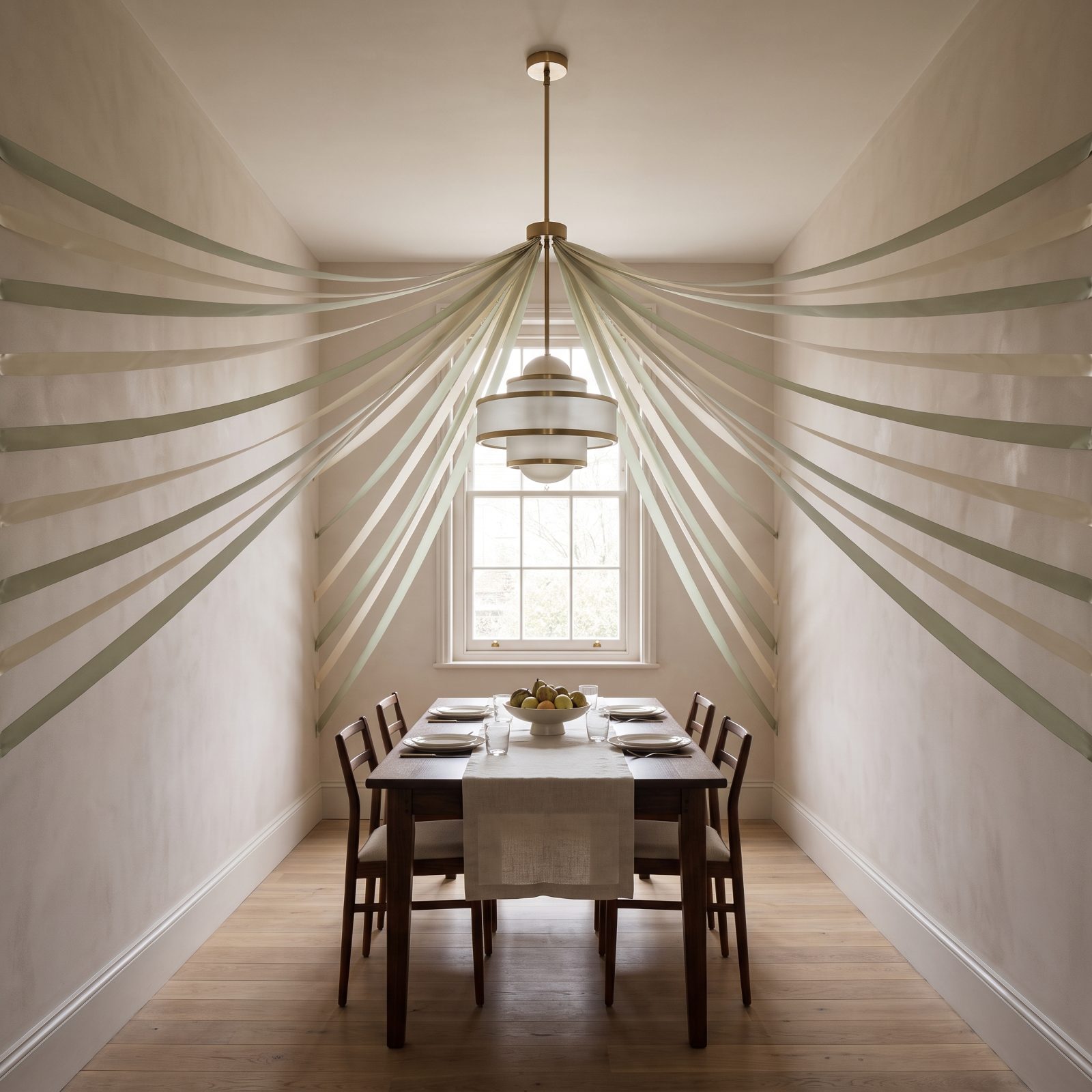 A Narrow Dining Room With Ribbons Radiating From the Light Fixture