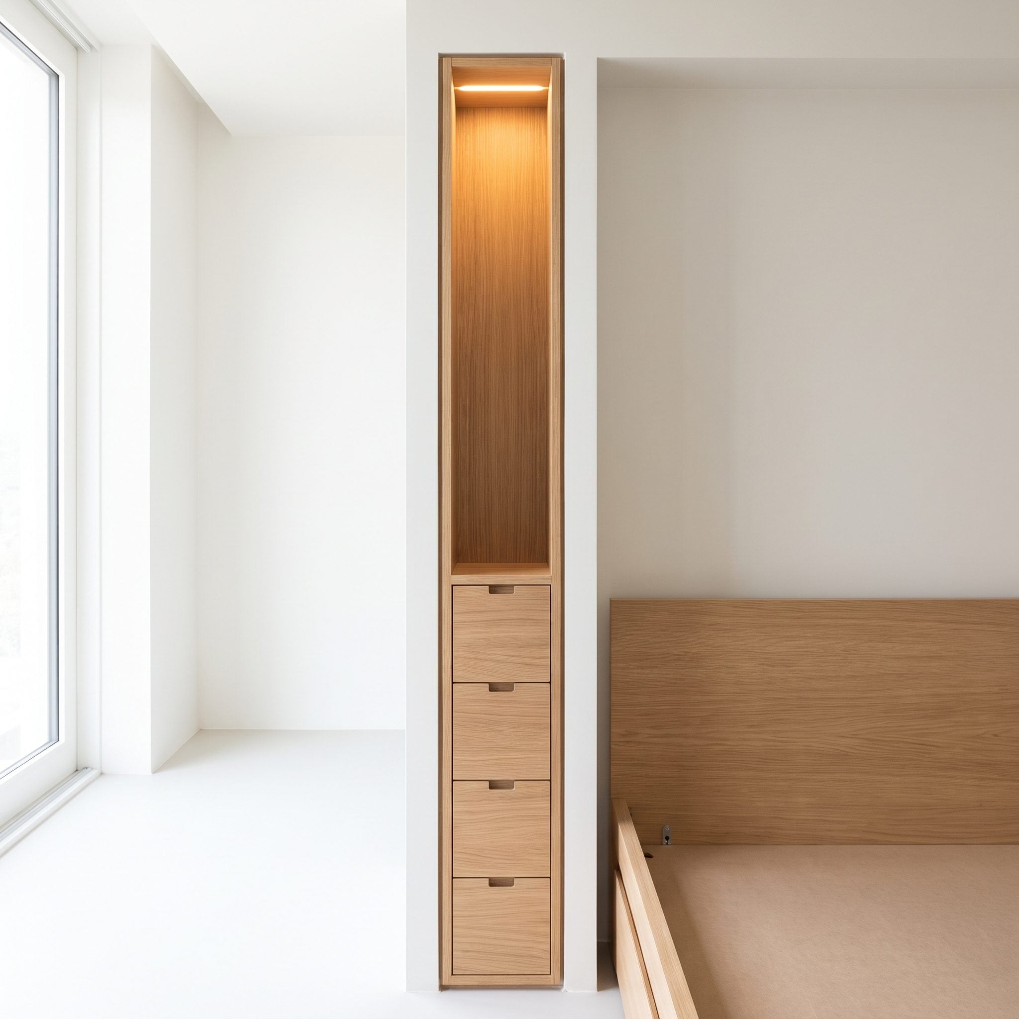 Compact bedroom with a projecting wall return incorporating a reading light, charging shelf and storage drawer