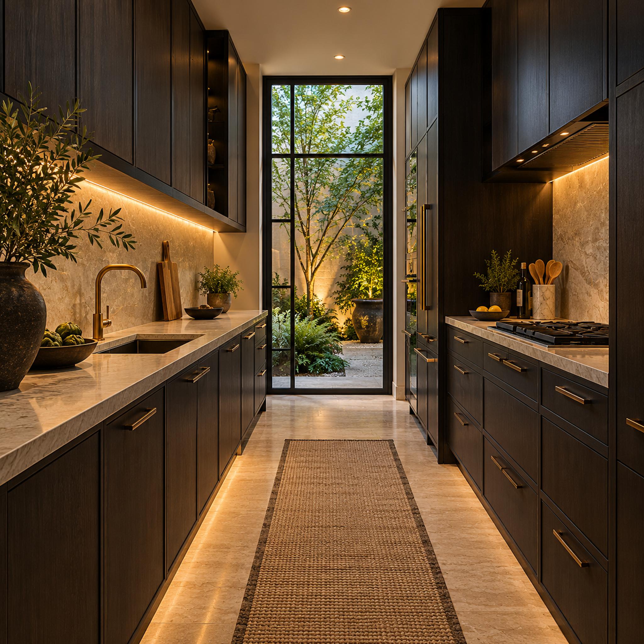 Narrow charcoal galley kitchen with parallel stone countertops, brass hardware, warm task lighting, and a glass door overlooking a planted courtyard
