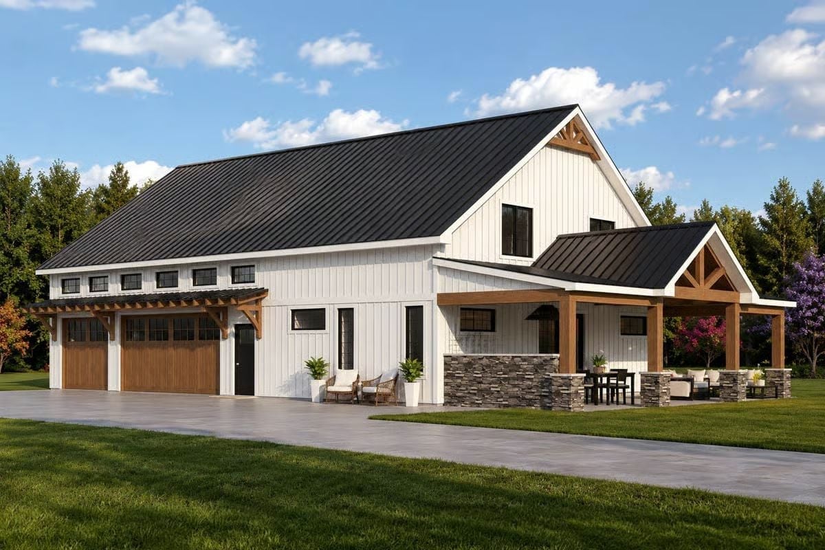 Board-and-Batten White Siding Meets Warm Wood Brackets on This Modern Barndominium