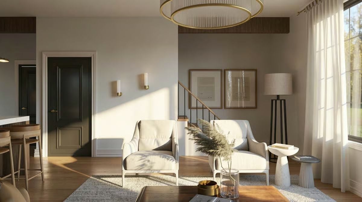 Paired Armchairs and a Brass Ring Fixture That Know Exactly What They're Doing