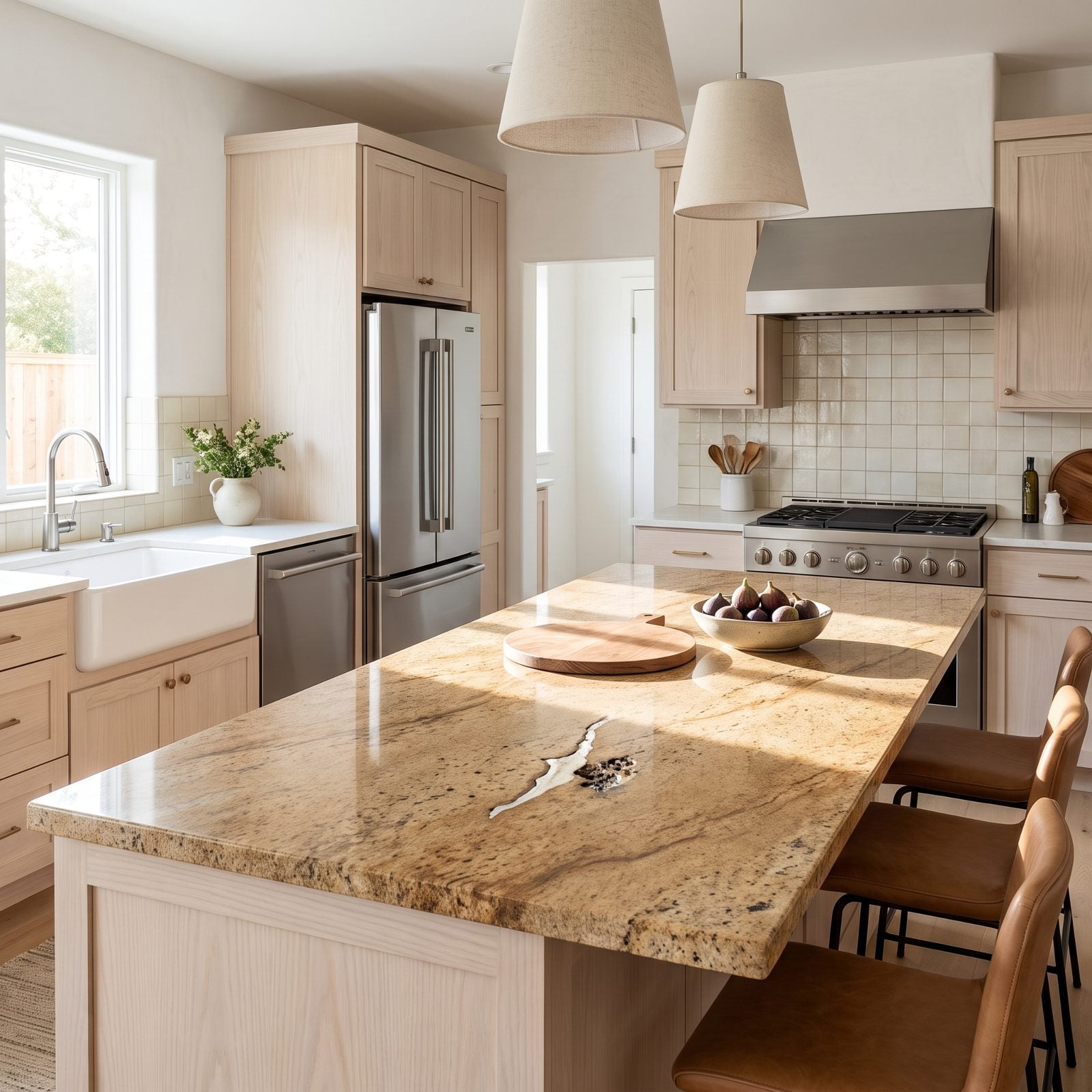 Transitional oak kitchen where a natural fissure and pitting sit dead center on the granite island.