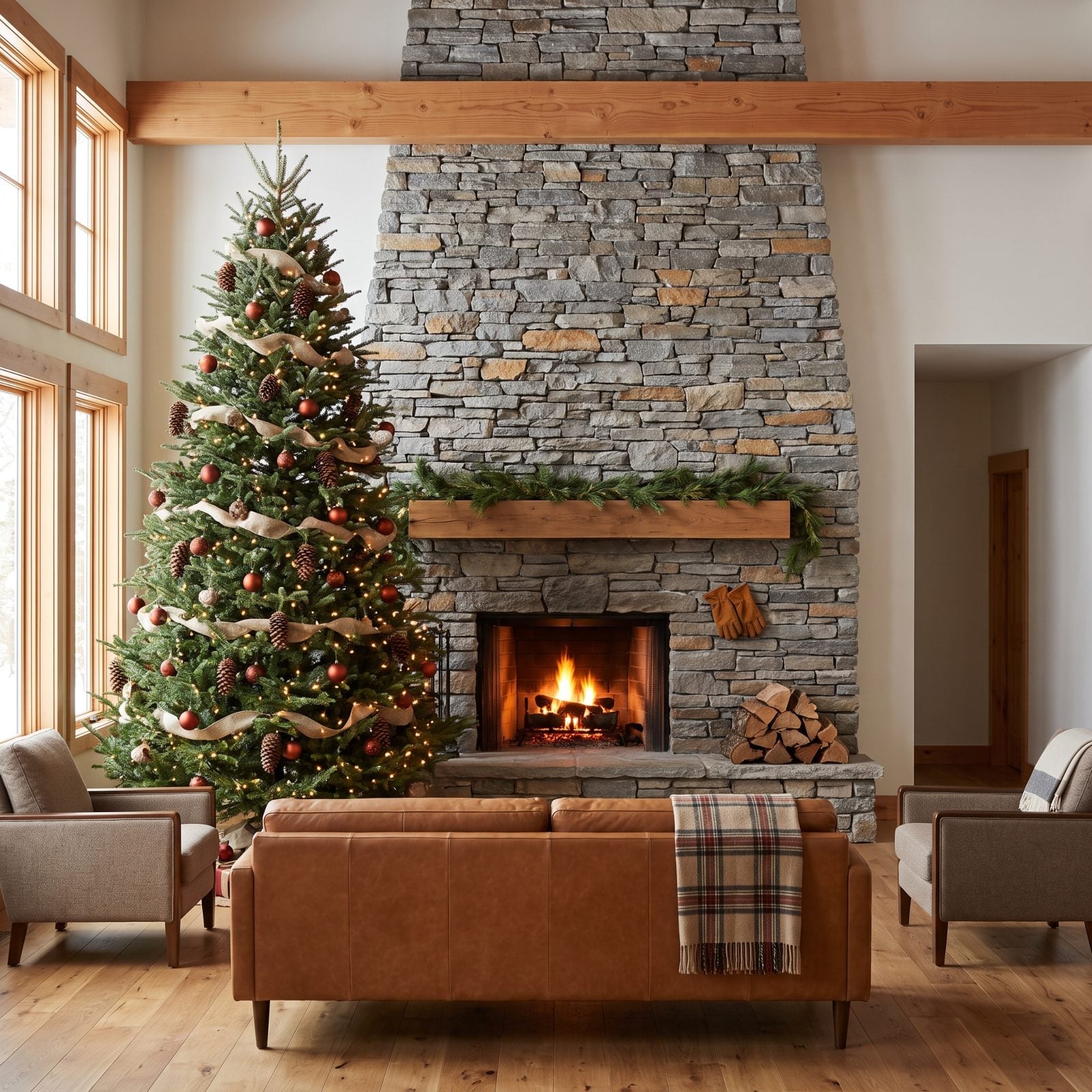 A Natural Fir Framed by a Stone Lodge Fireplace