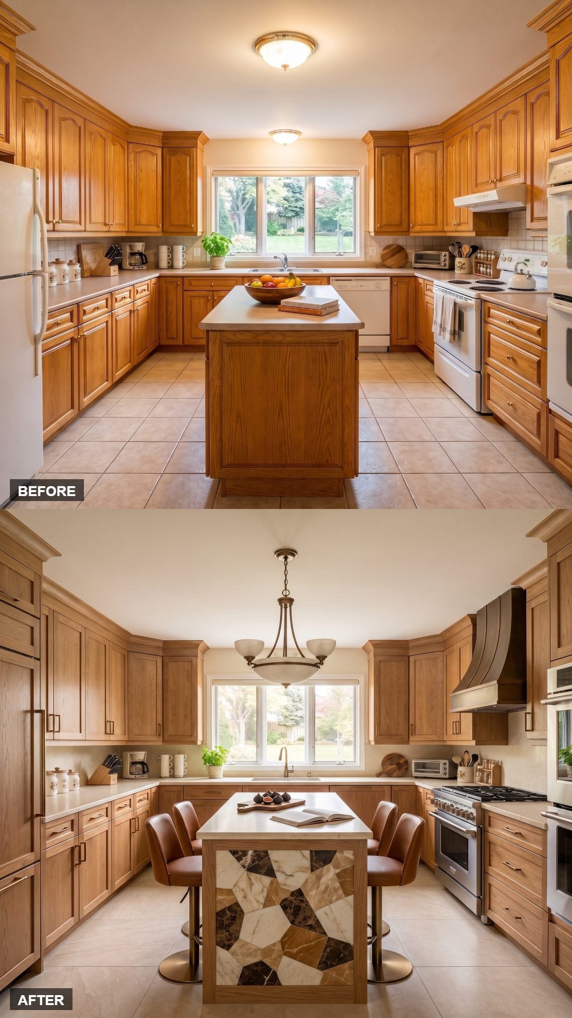 Natural oak kitchen with intricate ivory, caramel, and dark-brown marble mosaic island face