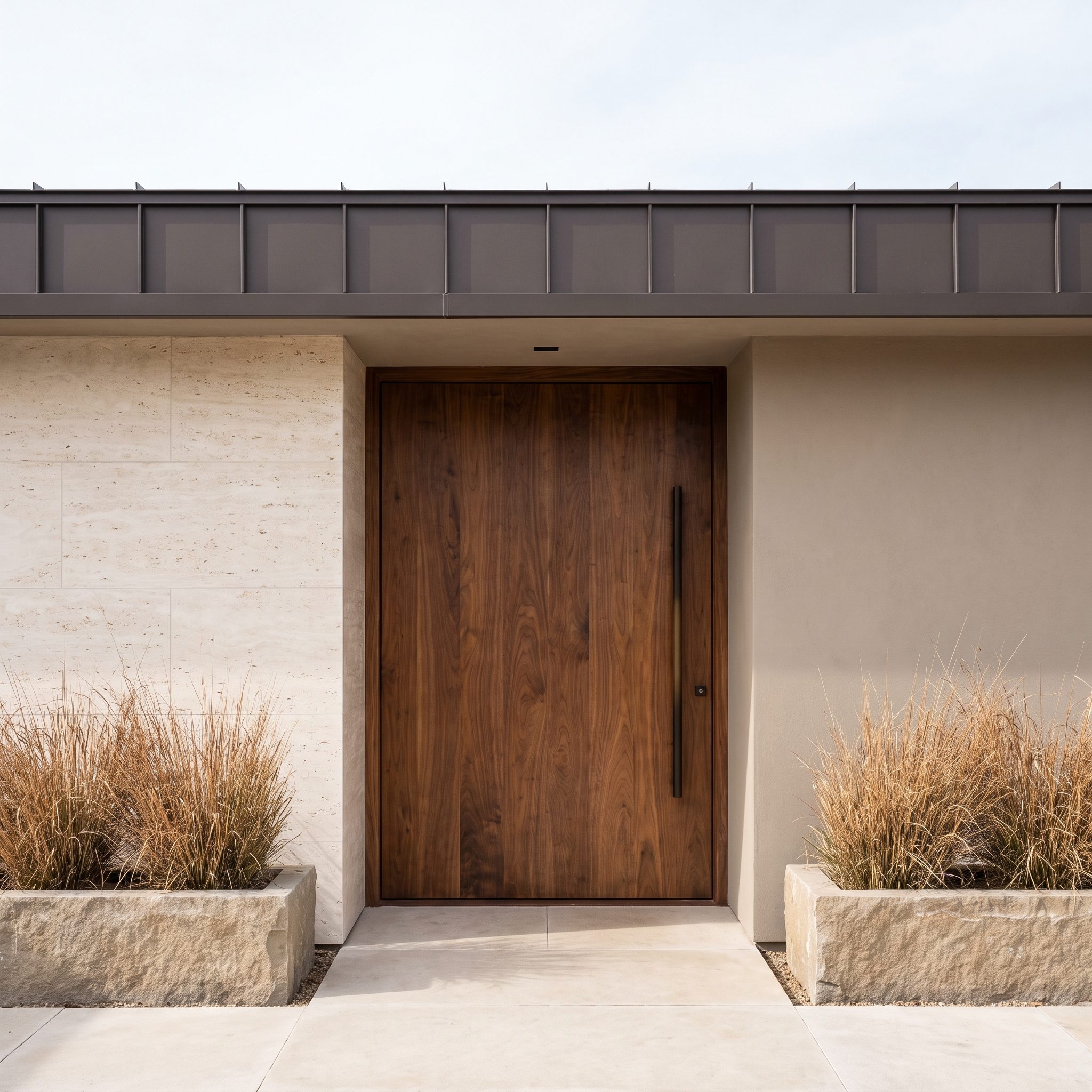 Natural walnut front door set into pale travertine on a contemporary home