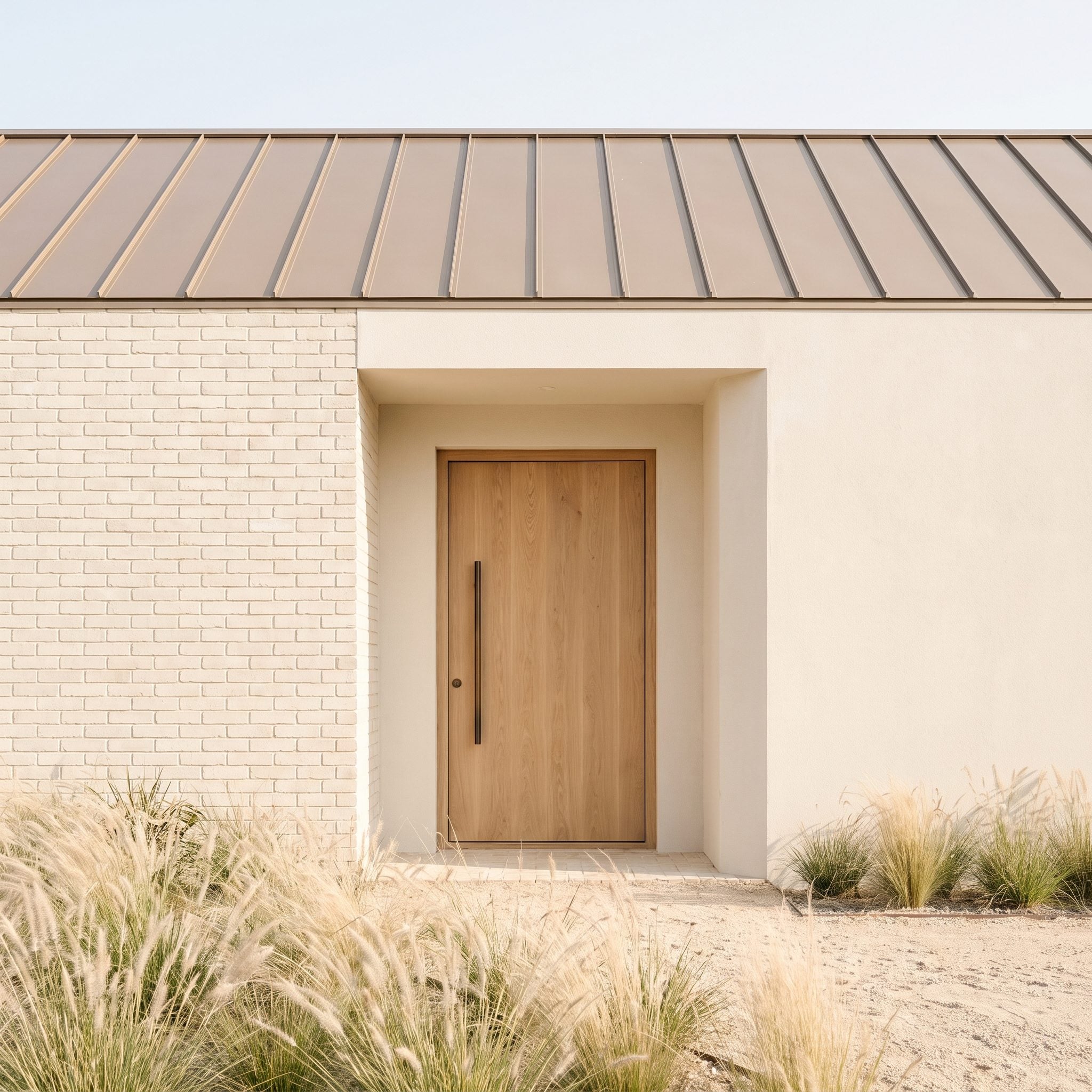Natural white-oak front door in a restrained contemporary facade of cream brick and bronze details