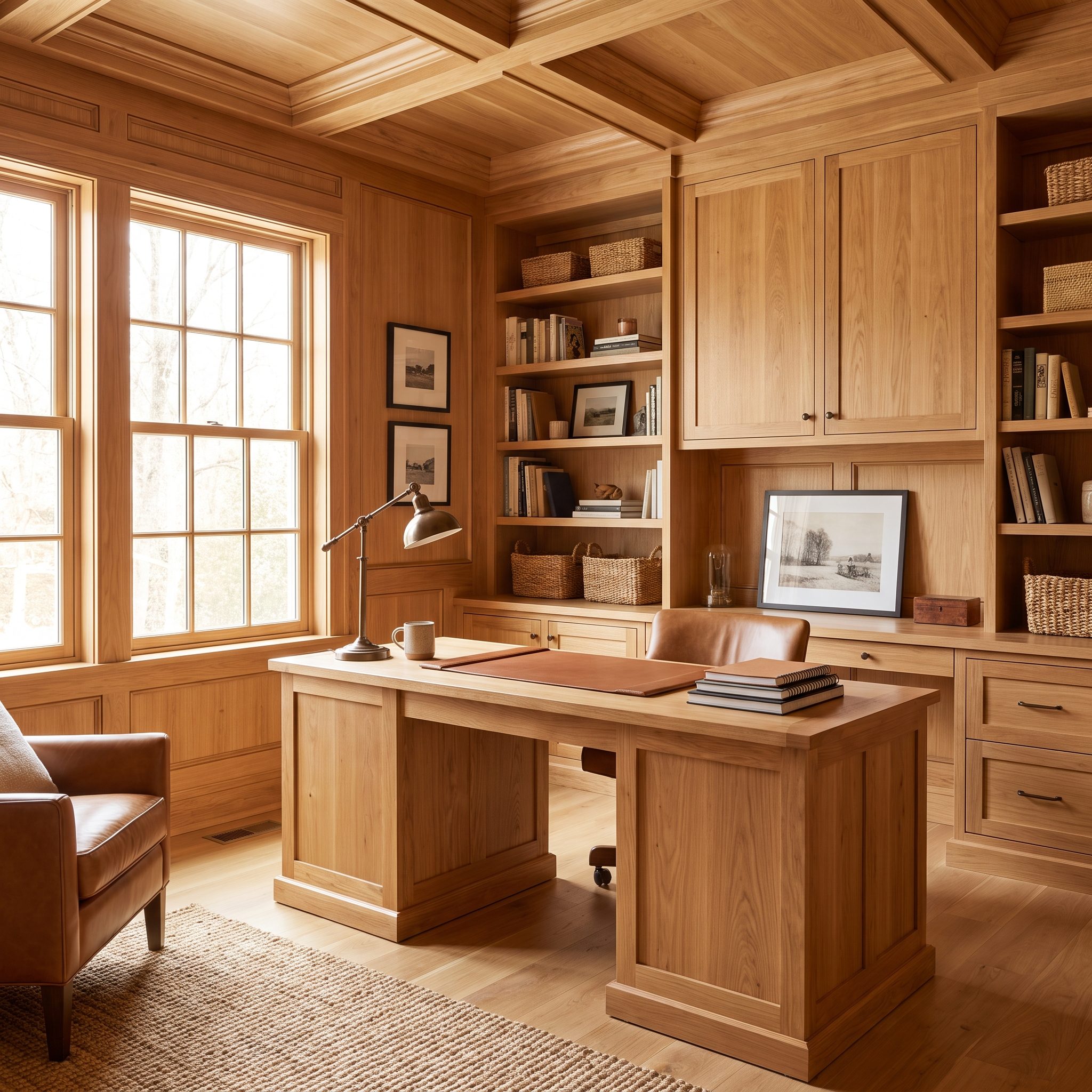 Home office clad in natural white oak across walls, built-in desk, shelving, and ceiling with a leather and walnut chair.