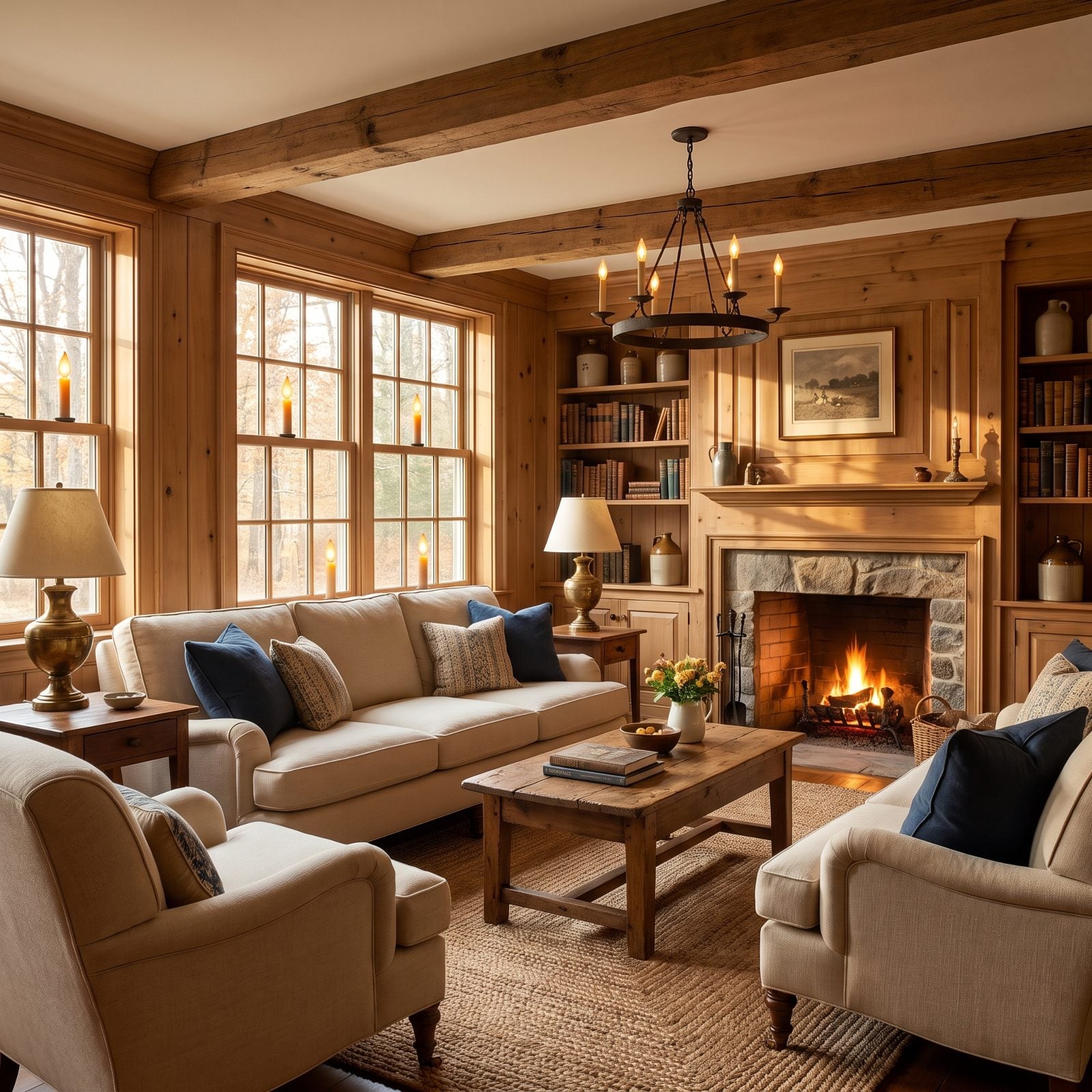 A Natural Wood Room Glowing with Window Candles