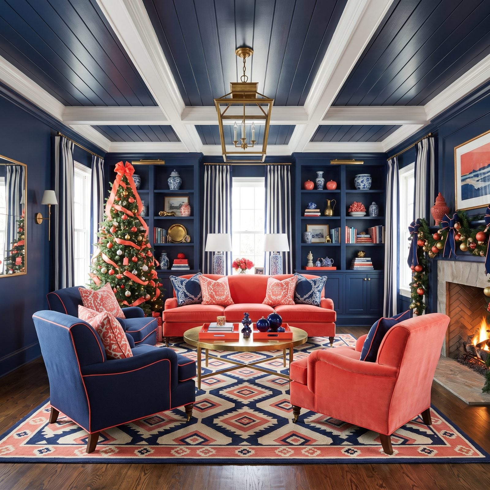 Navy and Bright Coral: A Preppy, High-Energy Christmas Living Room