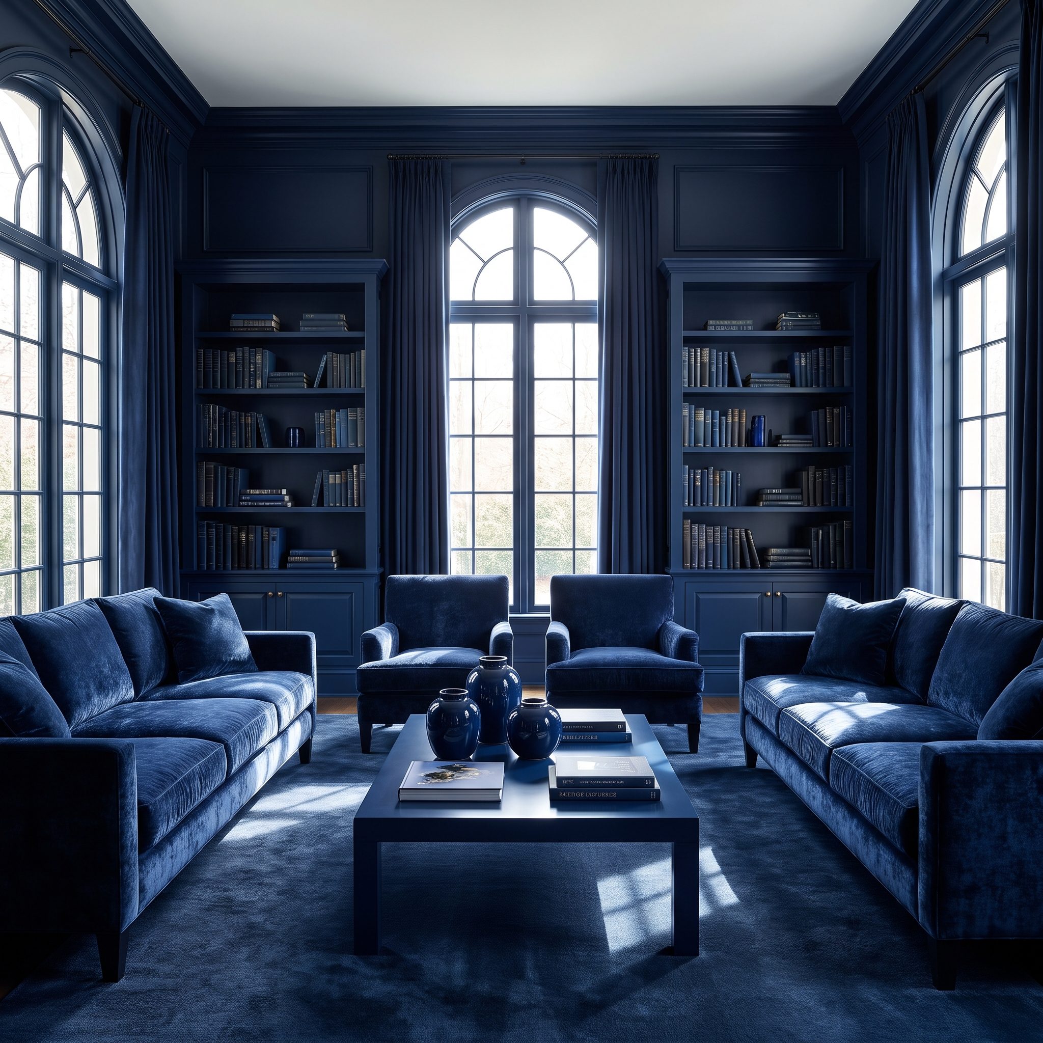 Navy-on-Navy Living Room Where Walls, Trim, Upholstery, and Built-Ins Prove Nothing Needs to Be the Accent