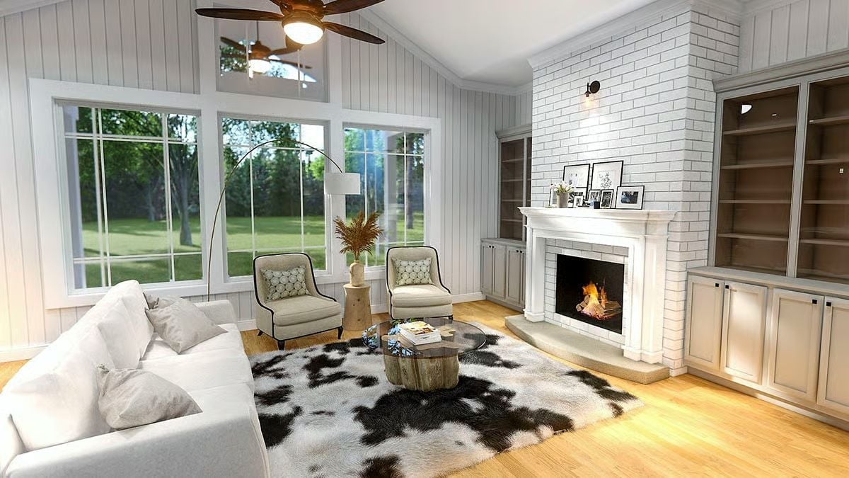 Cowhide Rug, Brick Fireplace, and a Room That Earns the Word "Lodge"