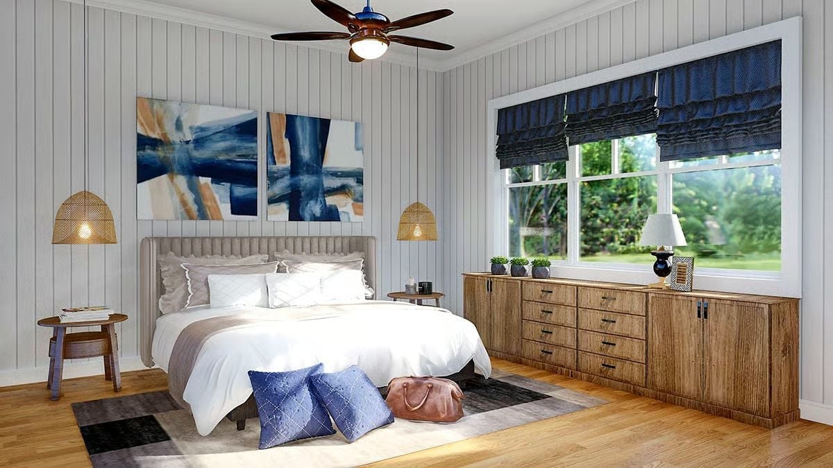 Rattan Pendants, Navy Accents, and a Bedroom That Feels Like a Resort