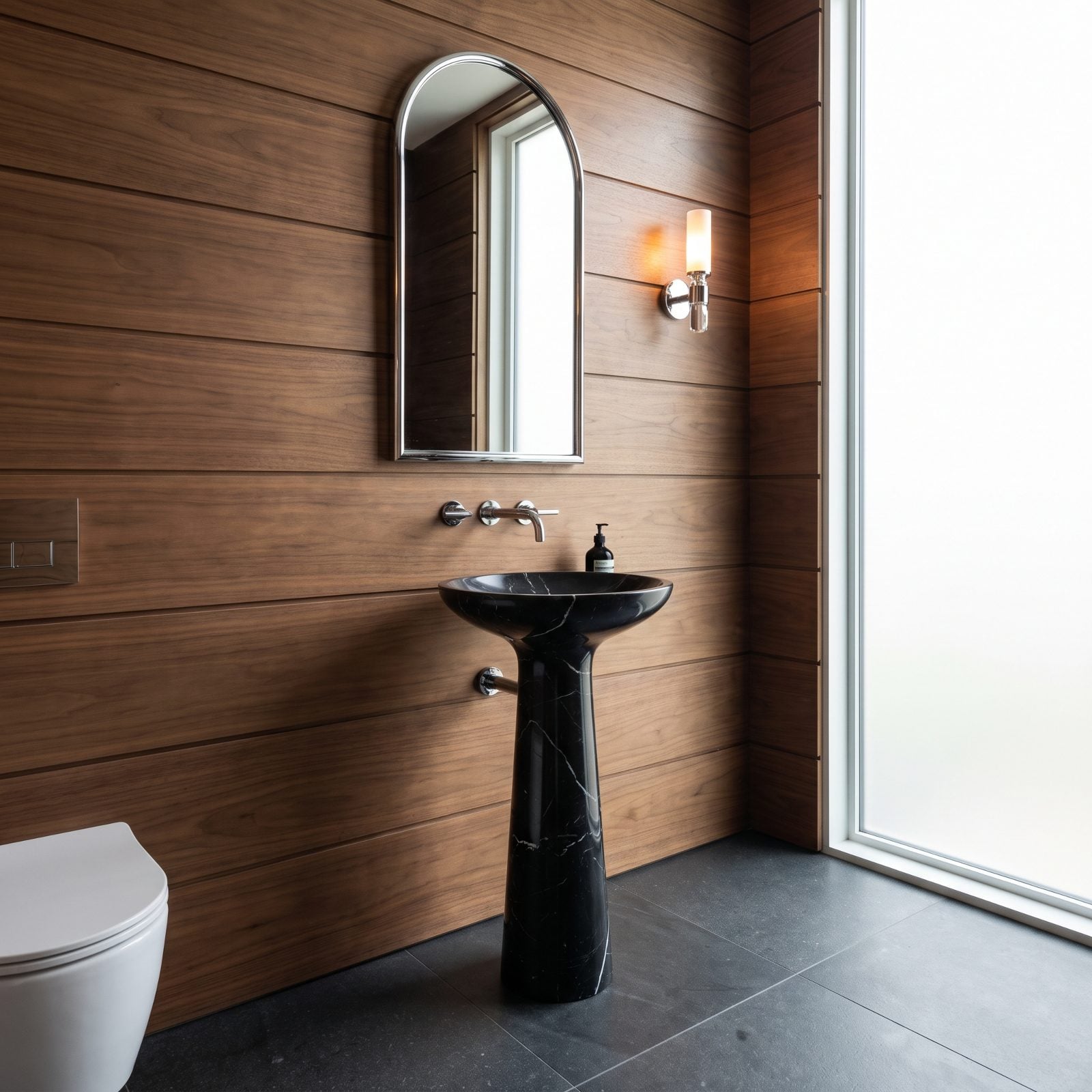 Nero Marquina Pedestal Sink Standing Against Warm Walnut Paneling