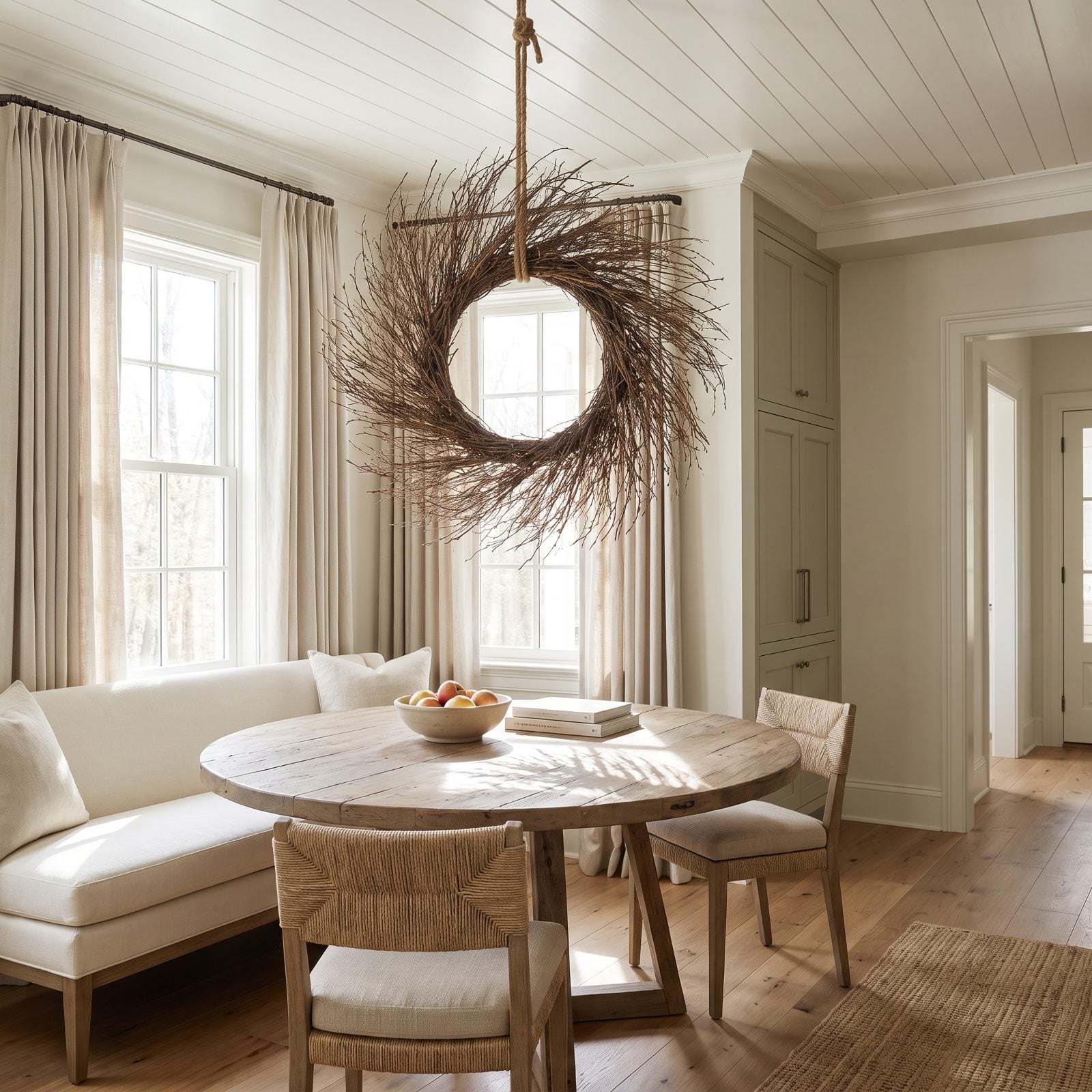 A Neutral Breakfast Nook With a Suspended Twig Wreath