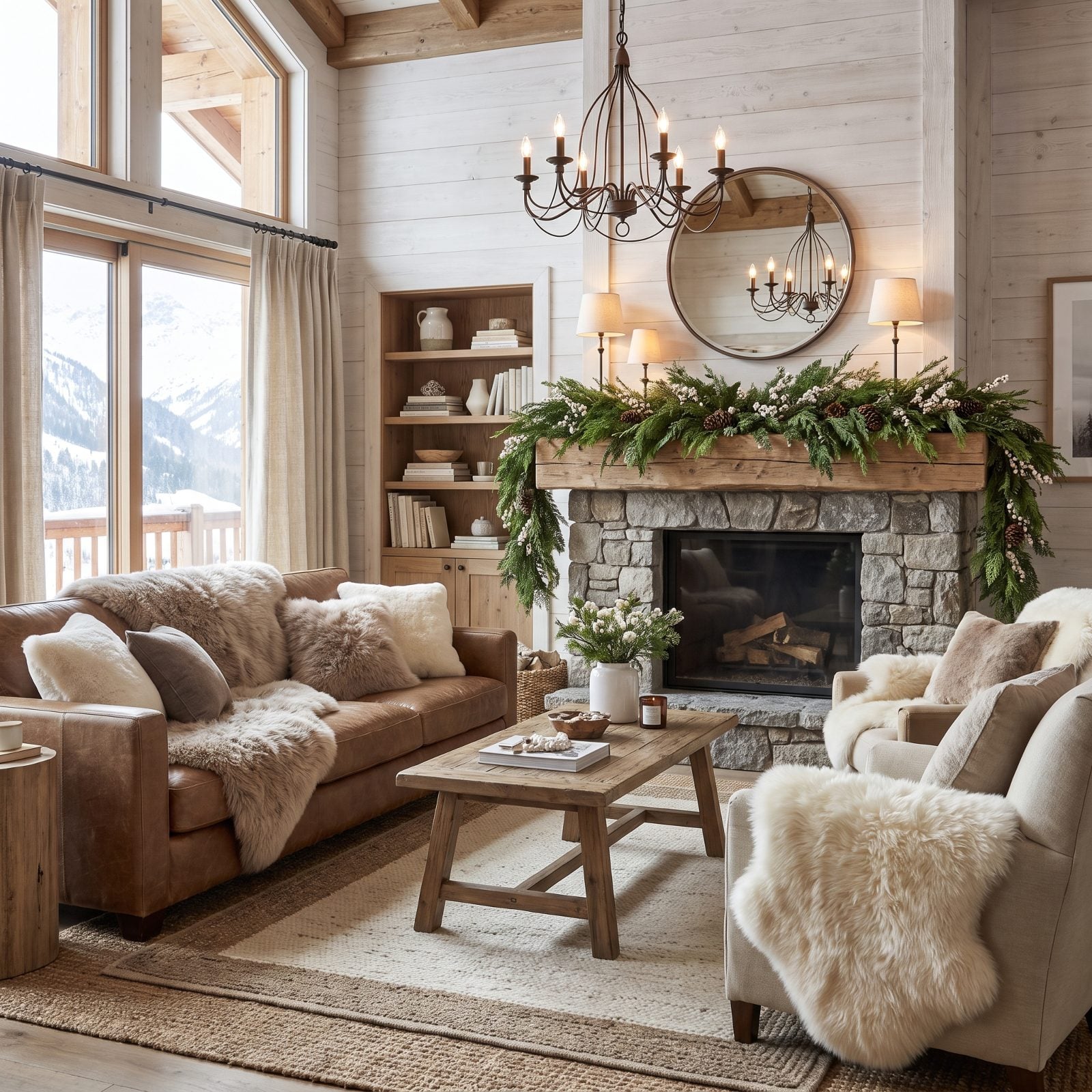 A Neutral Chalet Room With Sheepskins and Cedar Garlands
