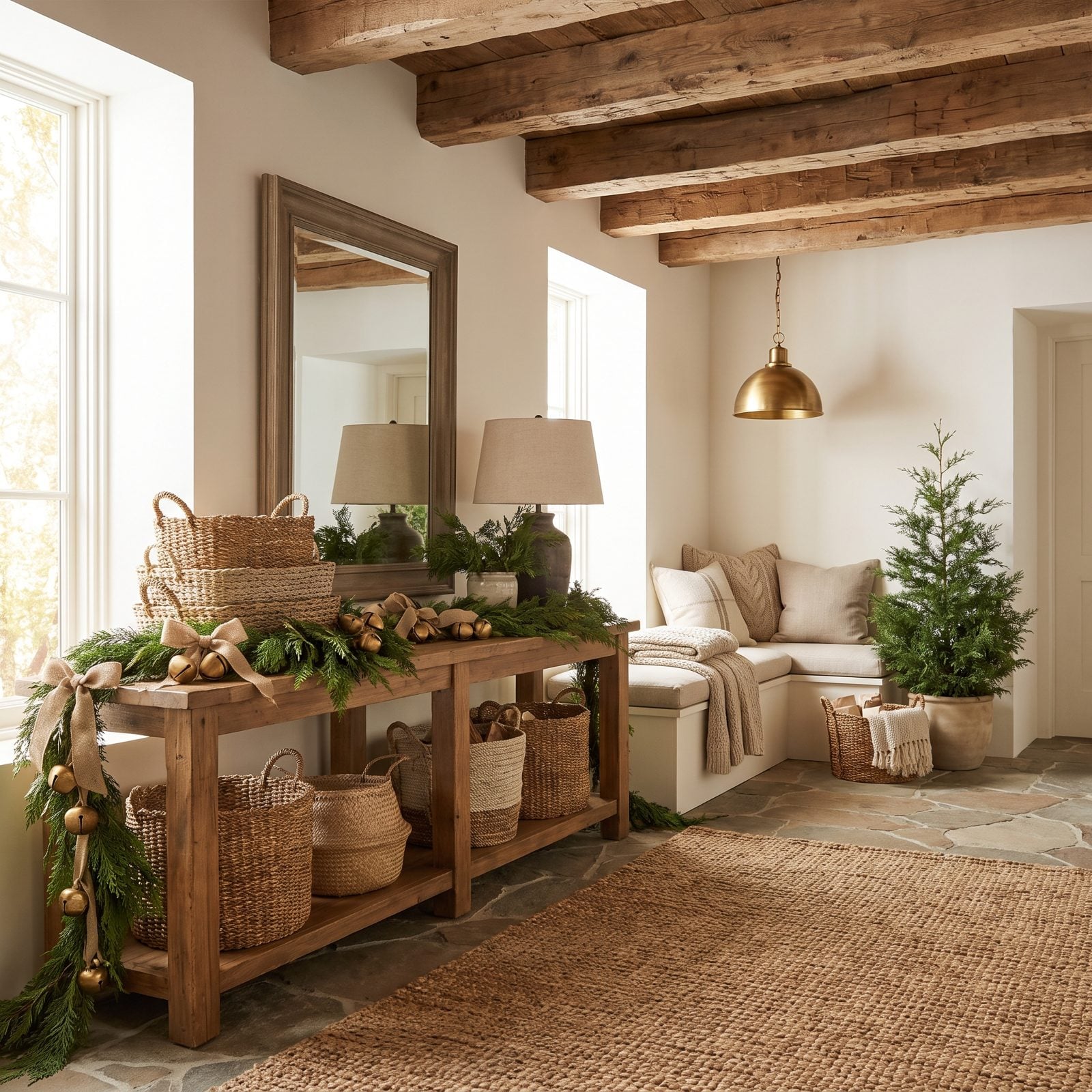 A Neutral Entry Layered with Baskets, Bells, and Cedar