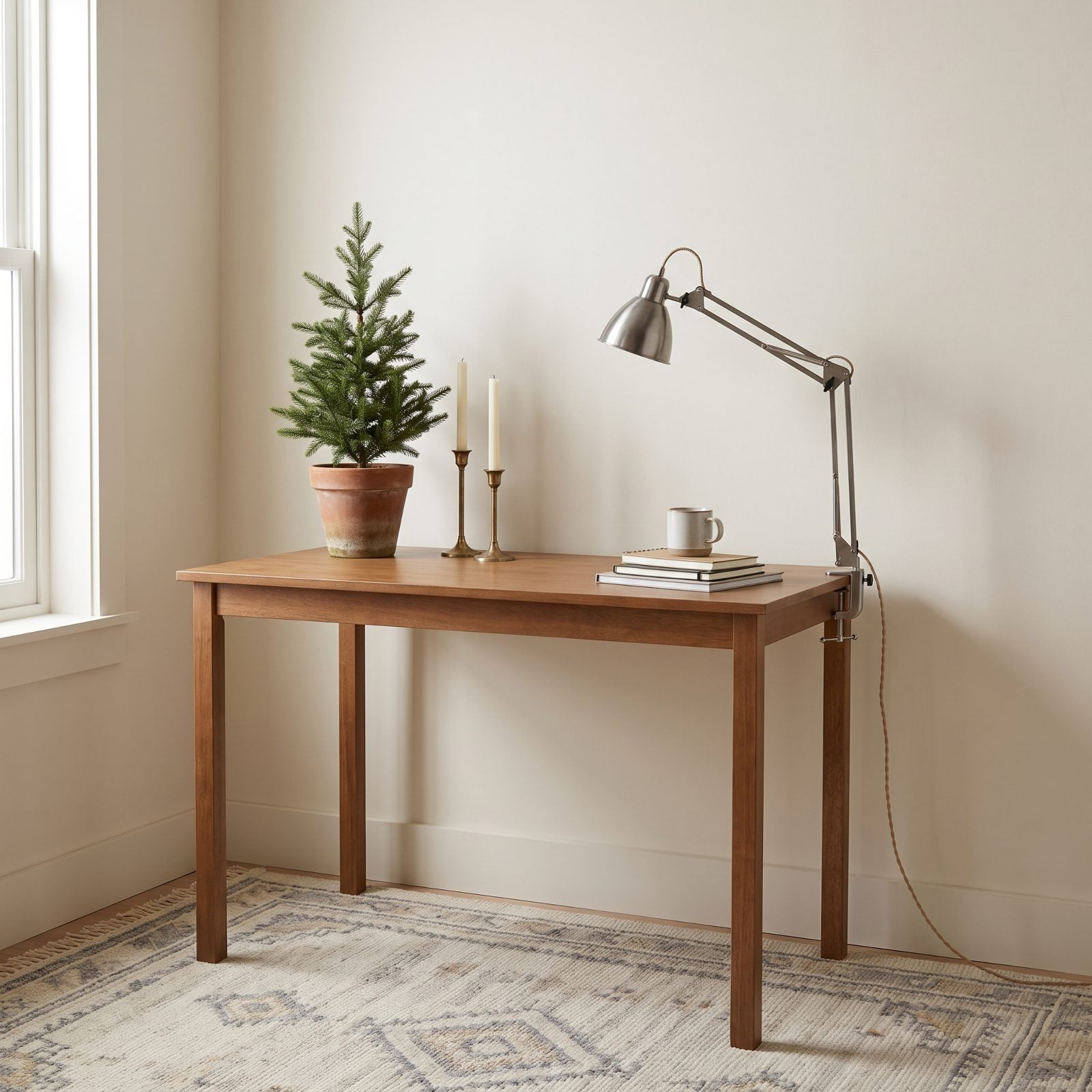 Neutral Home Office with a Tabletop Tree and Brass Candlesticks