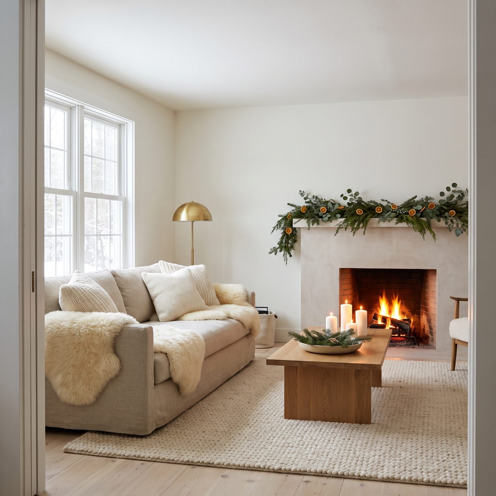 A Neutral Room Made Festive With Sheepskin, Fir and Firelight