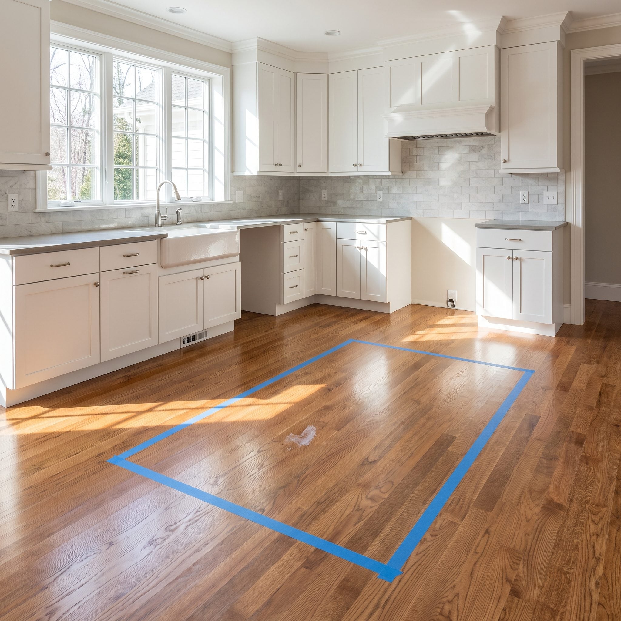 Walnut kitchen with a quartz island; painter’s tape outlines a slightly larger footprint on the floor.