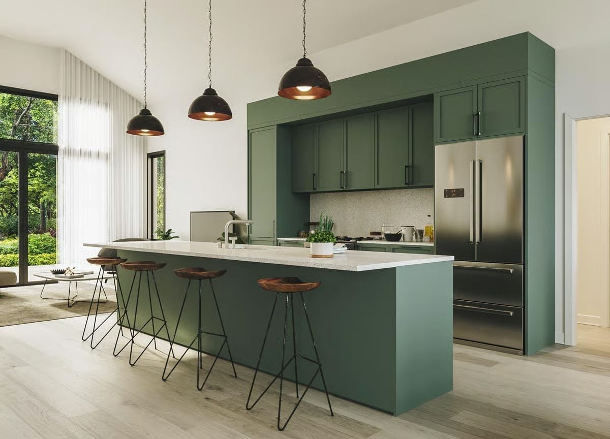 Copper-Interior Pendants and Sage Cabinets Make This Kitchen Feel Earned