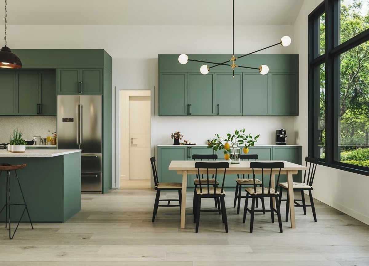 Forest Green Cabinets Hold Their Ground Against Light Wood and Black