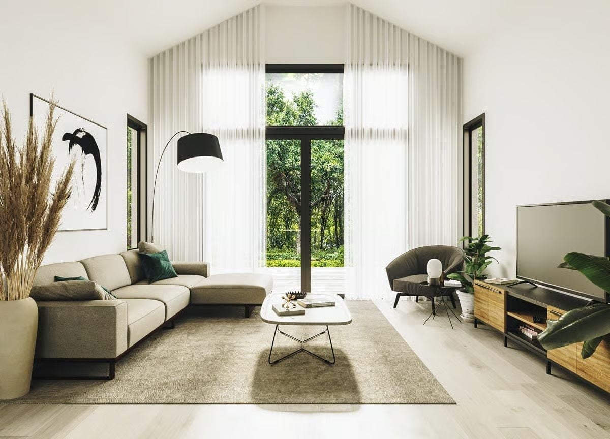 Sheer Curtains and a Vaulted Ceiling Do Most of the Work Here