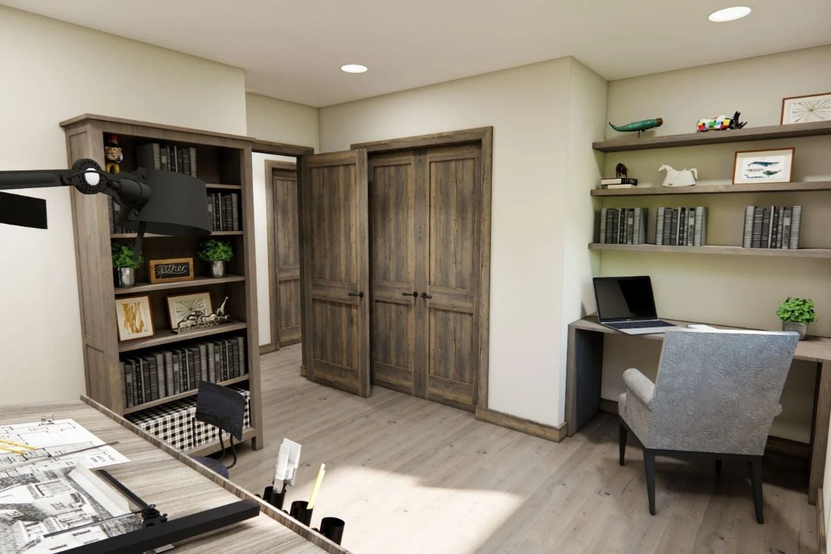 Drafting Table, Rustic Doors, and Shelves That Actually Get Used