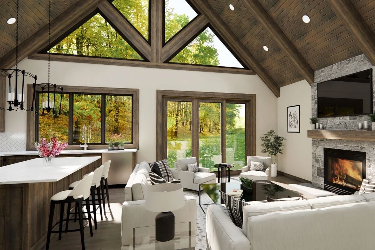 Vaulted Timber Ceilings and a Stone Fireplace Set the Mood Before Anyone Sits Down