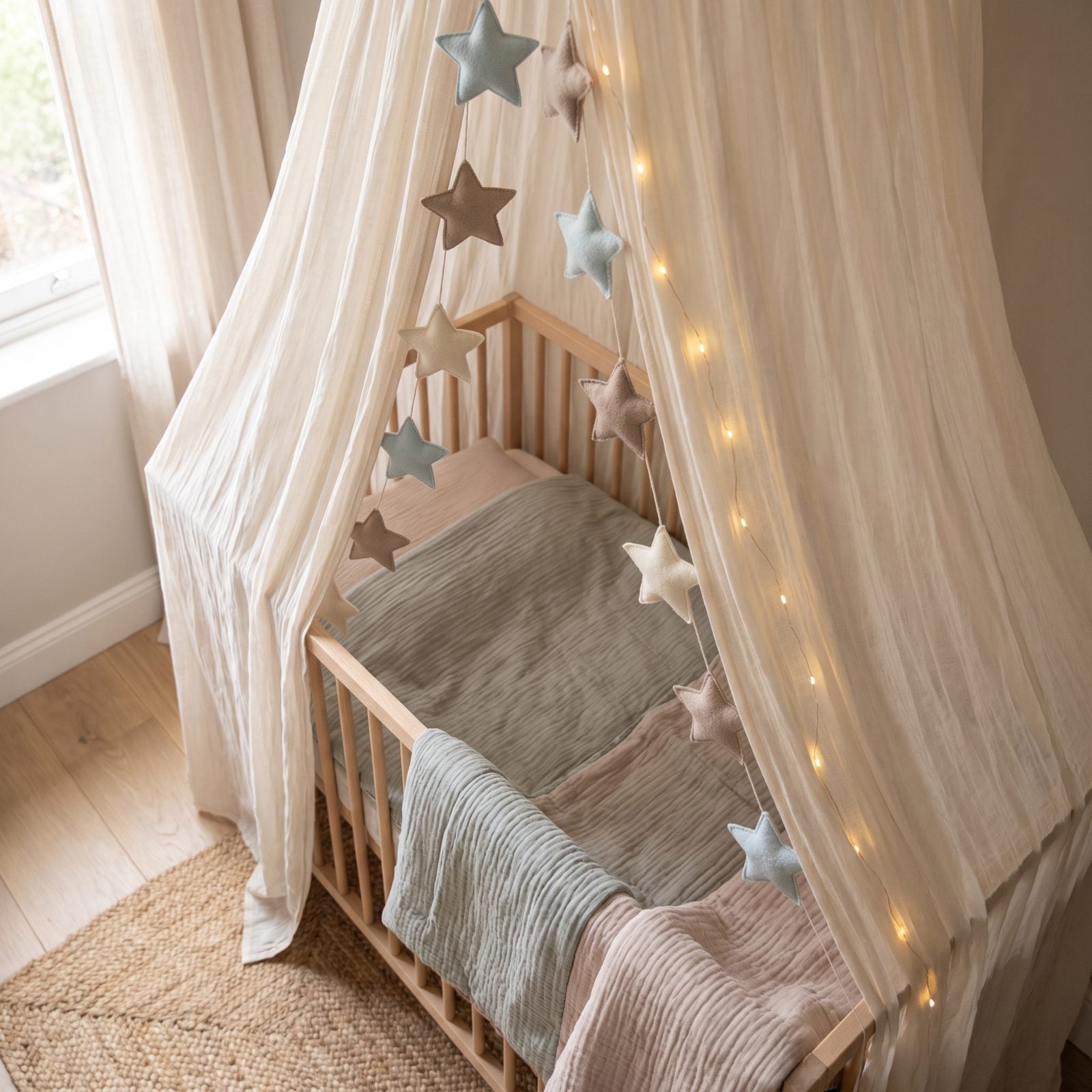 A Nursery Canopy Draped with Soft Stars and Felt Garland