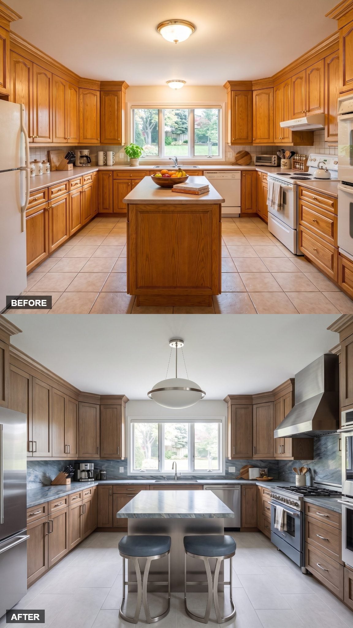 Restored oak kitchen with dramatic blue-gray quartzite cooking wall and countertops