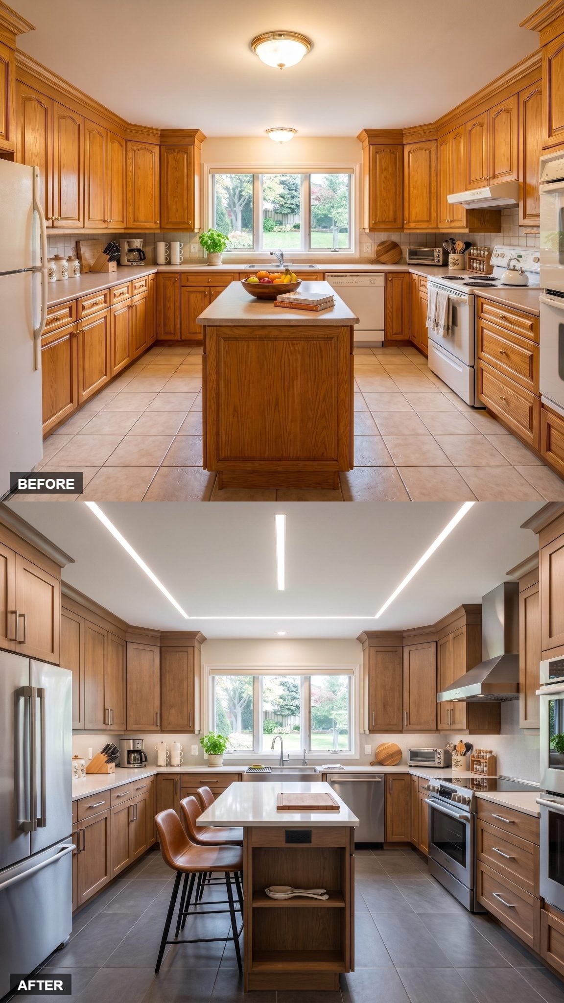 Performance-oriented oak kitchen with stainless details, integrated chopping surface, and concealed power