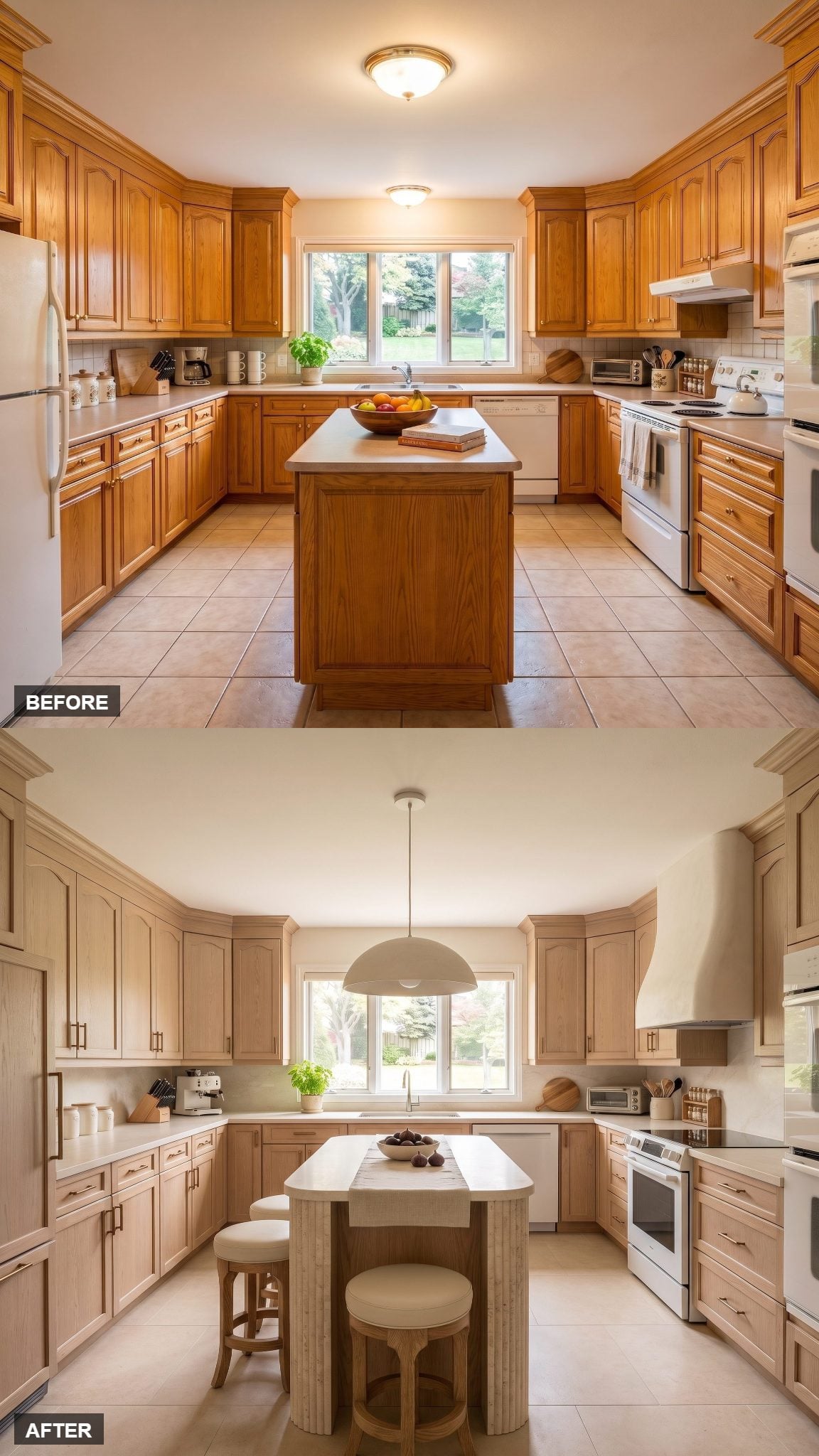 Oak kitchen with curved reeded-travertine island ends and softly sculpted plaster range hood