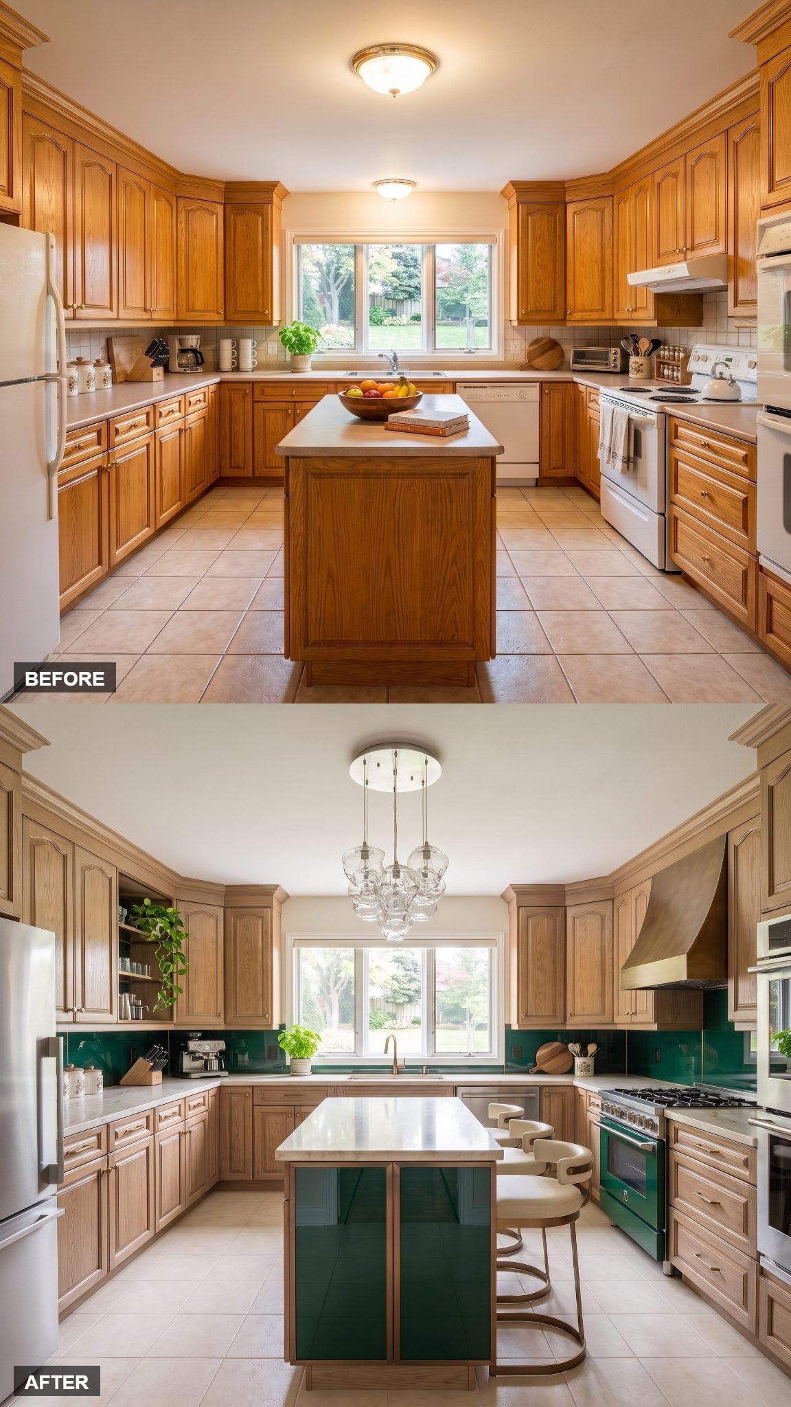 Oak kitchen with back-painted emerald-green glass and bronze-edged backsplash panels