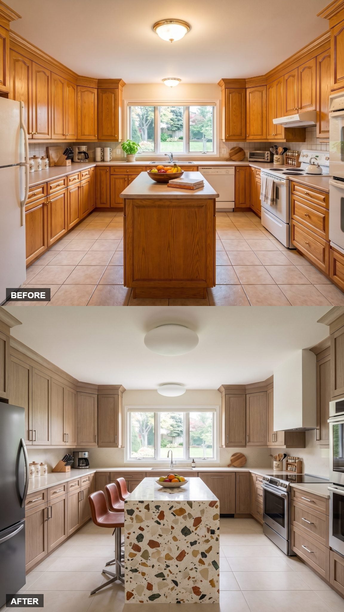 Oak kitchen with monumental terrazzo island featuring oversized cream, rust, and olive aggregate