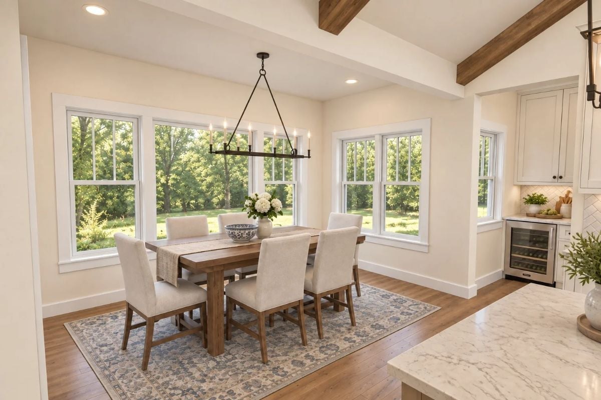 Exposed Ceiling Beams and a Candle-Style Chandelier Pull This Dining Room Together