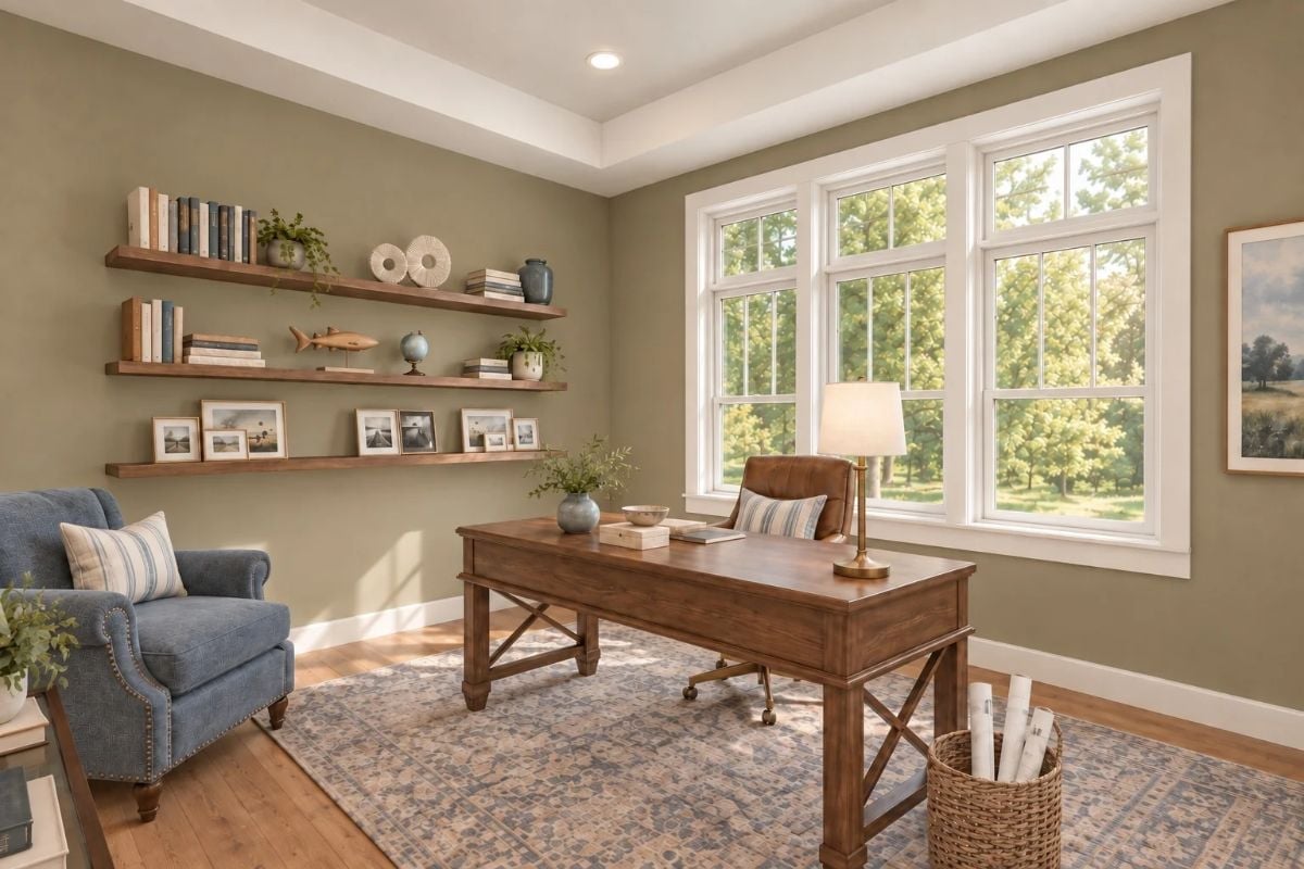 Floating Shelves and a Leather Chair Make Working from Home Feel Less Like Work