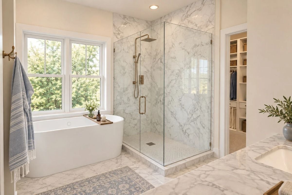 Marble Walls, a Soaking Tub, and a Walk-In Shower That Earns Its Square Footage