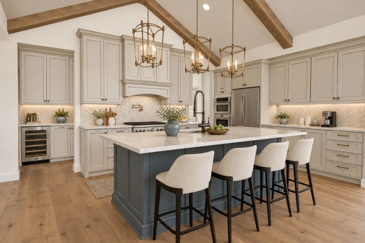 Slate Blue Island and Brass Pendants Make This Kitchen Hard to Walk Past