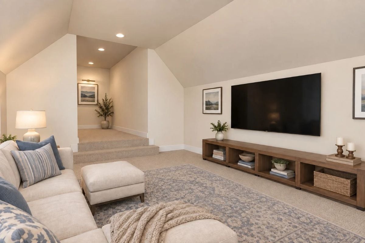 Sloped Ceilings and a Wall-Mounted TV Make This Bonus Room Worth Every Square Foot