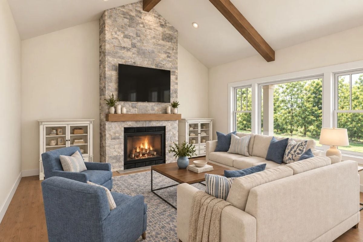 Vaulted Ceilings and a Stone Fireplace Wall Do the Heavy Lifting Here
