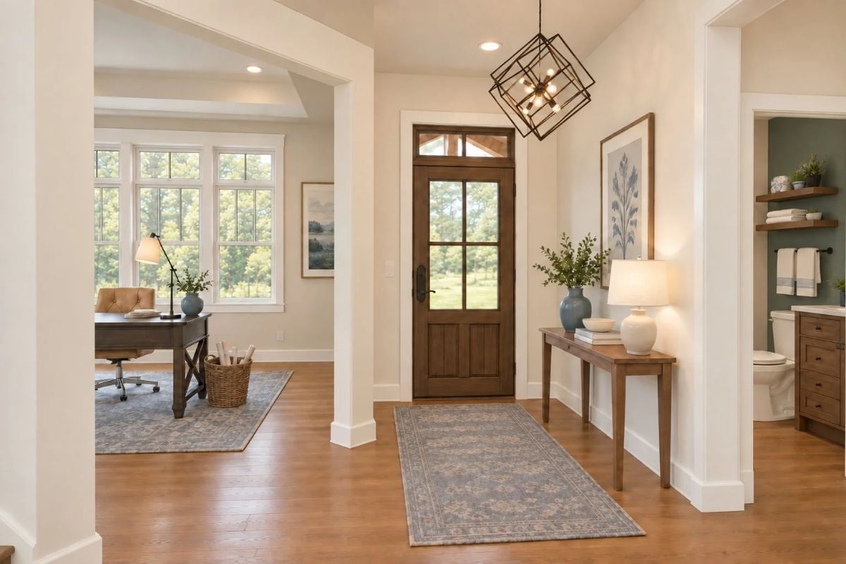 Warm Wood Tones and an Cage Pendant Make This Foyer Worth Coming Home To