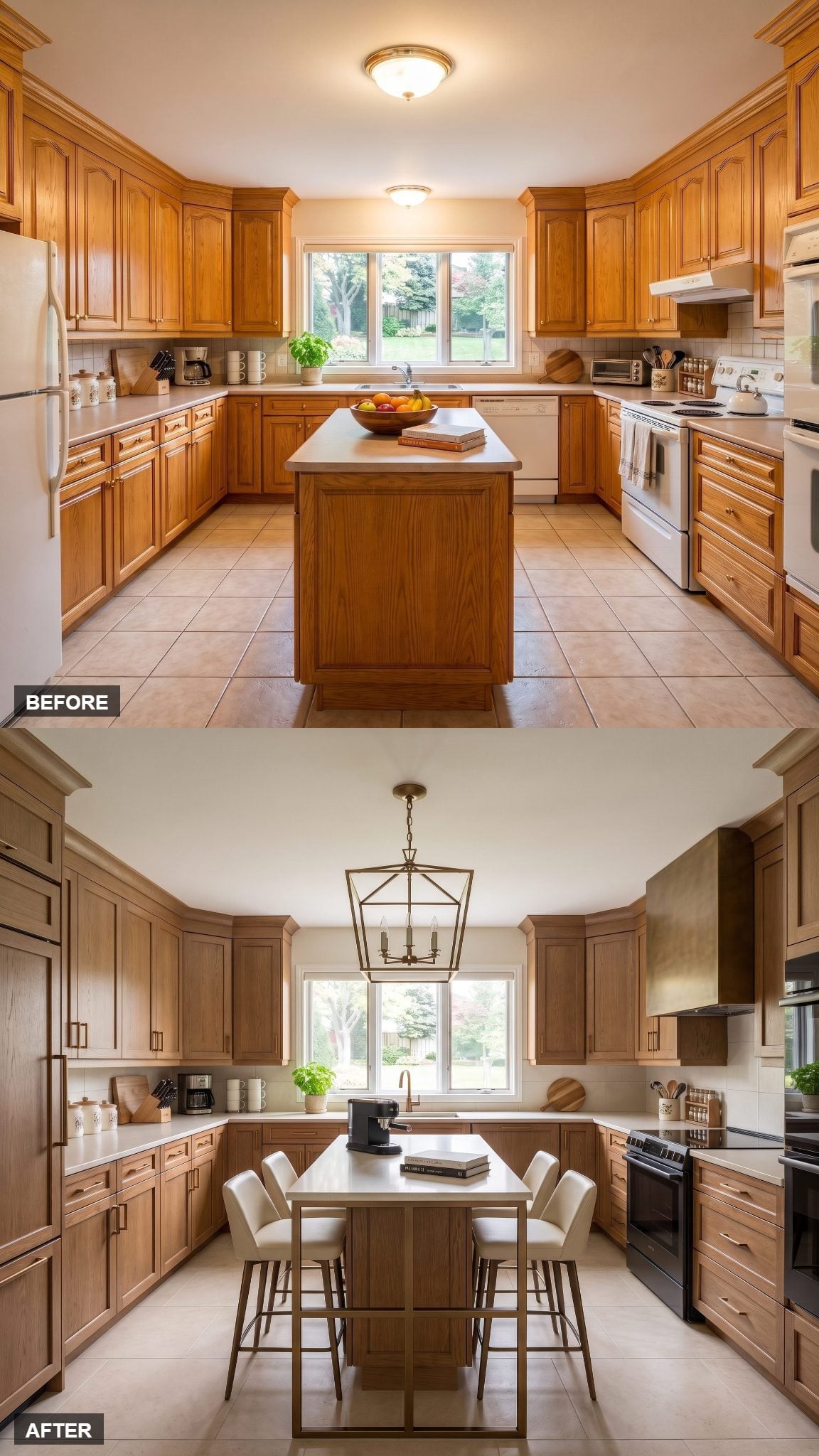 Contemporary oak kitchen with bronze grid island detailing and carefully aligned architectural joints