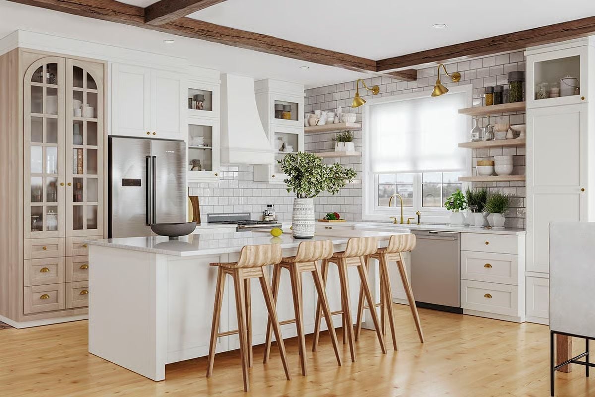 Brass Hardware and Exposed Beams Pulling a Kitchen Away from Plain White