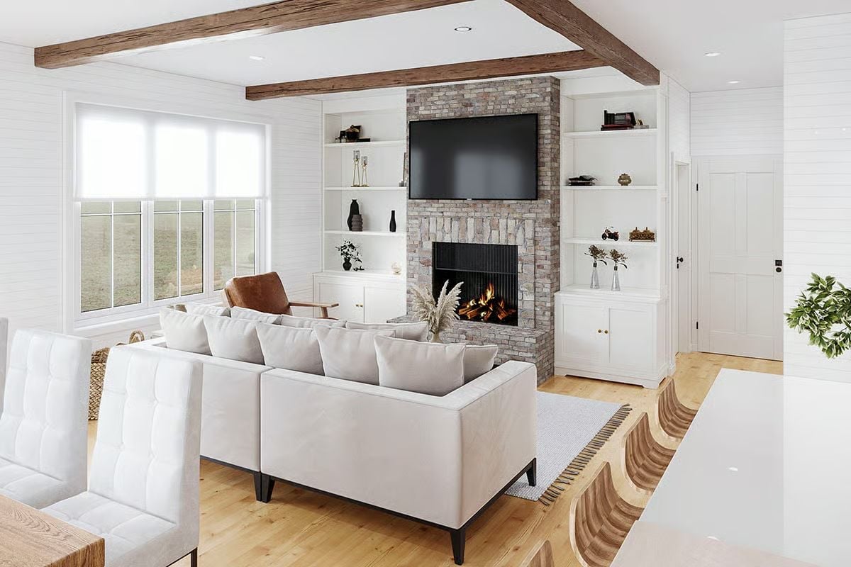 Brick Fireplace Flanked by Built-Ins That Actually Have Room to Breathe