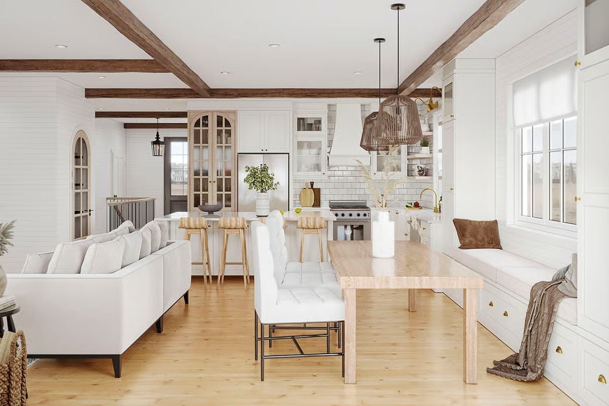Exposed Beams and a Built-In Bench Make Open-Plan Living Feel Like It Has Edges
