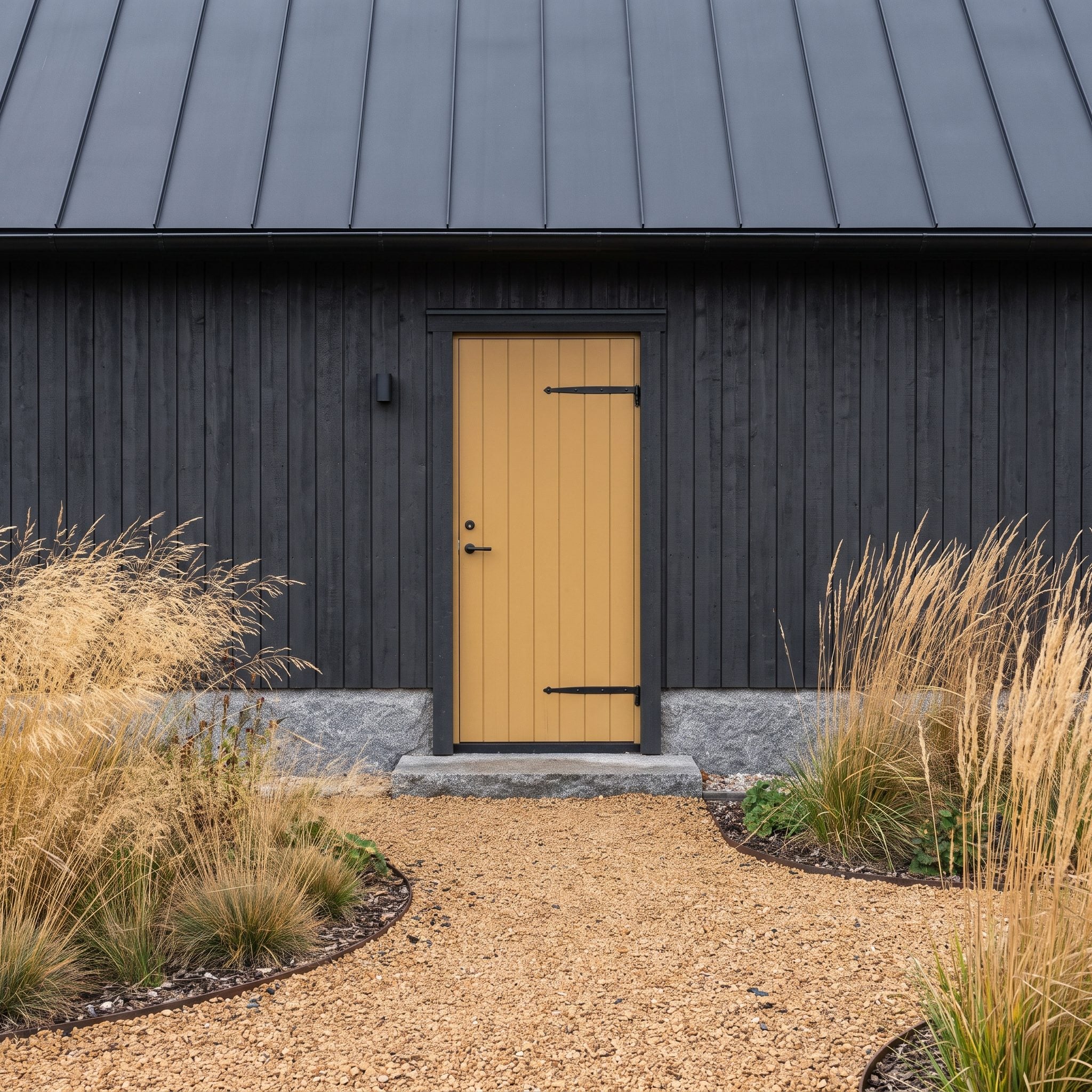 Muted ochre front door contrasting with charcoal timber cladding and golden grasses