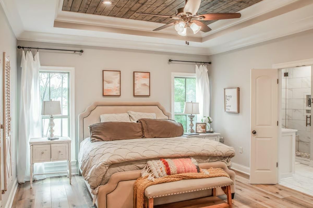 Tray Ceiling with Reclaimed Wood Planking Pulls the Whole Room Together