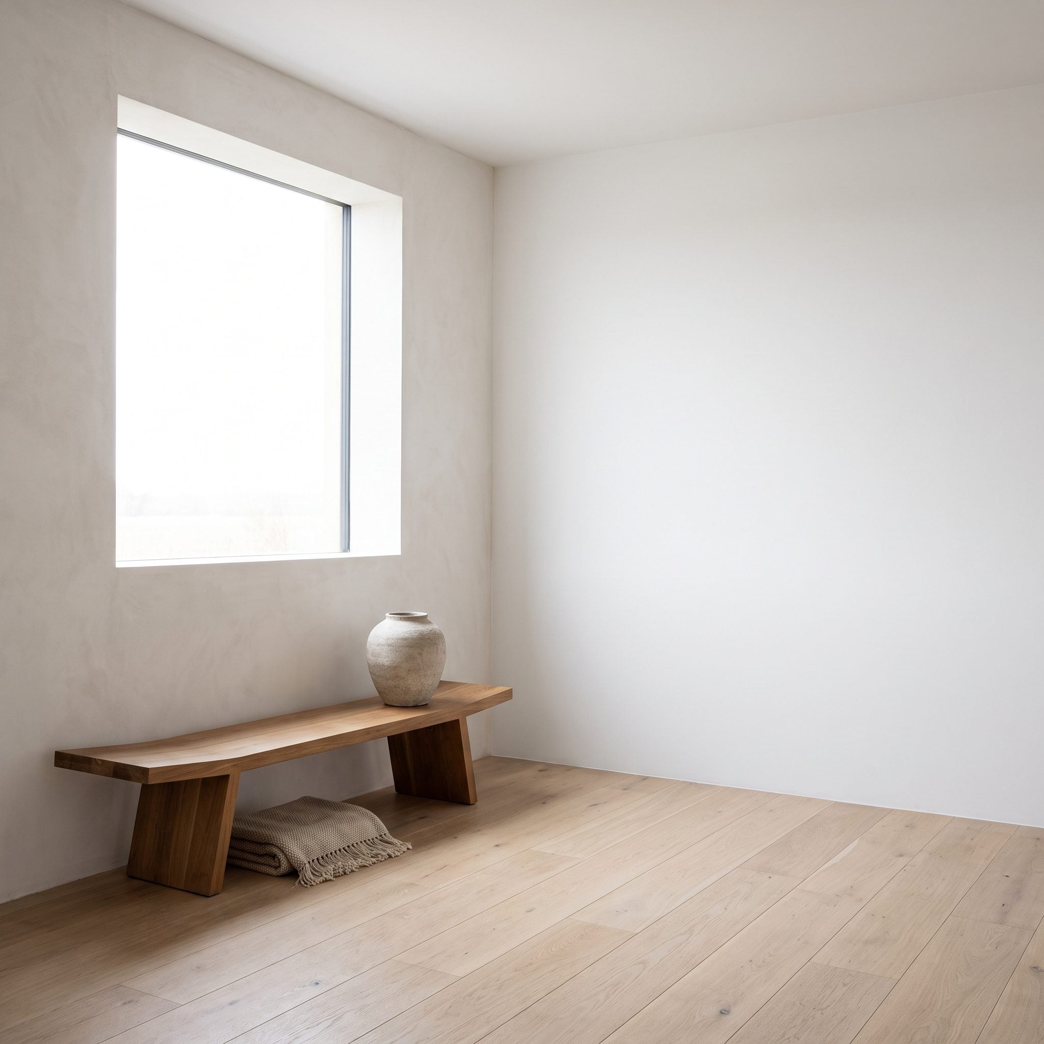 Asymmetrical bedroom layout with an off-center window, low stone-topped cabinet and upholstered bedside panel