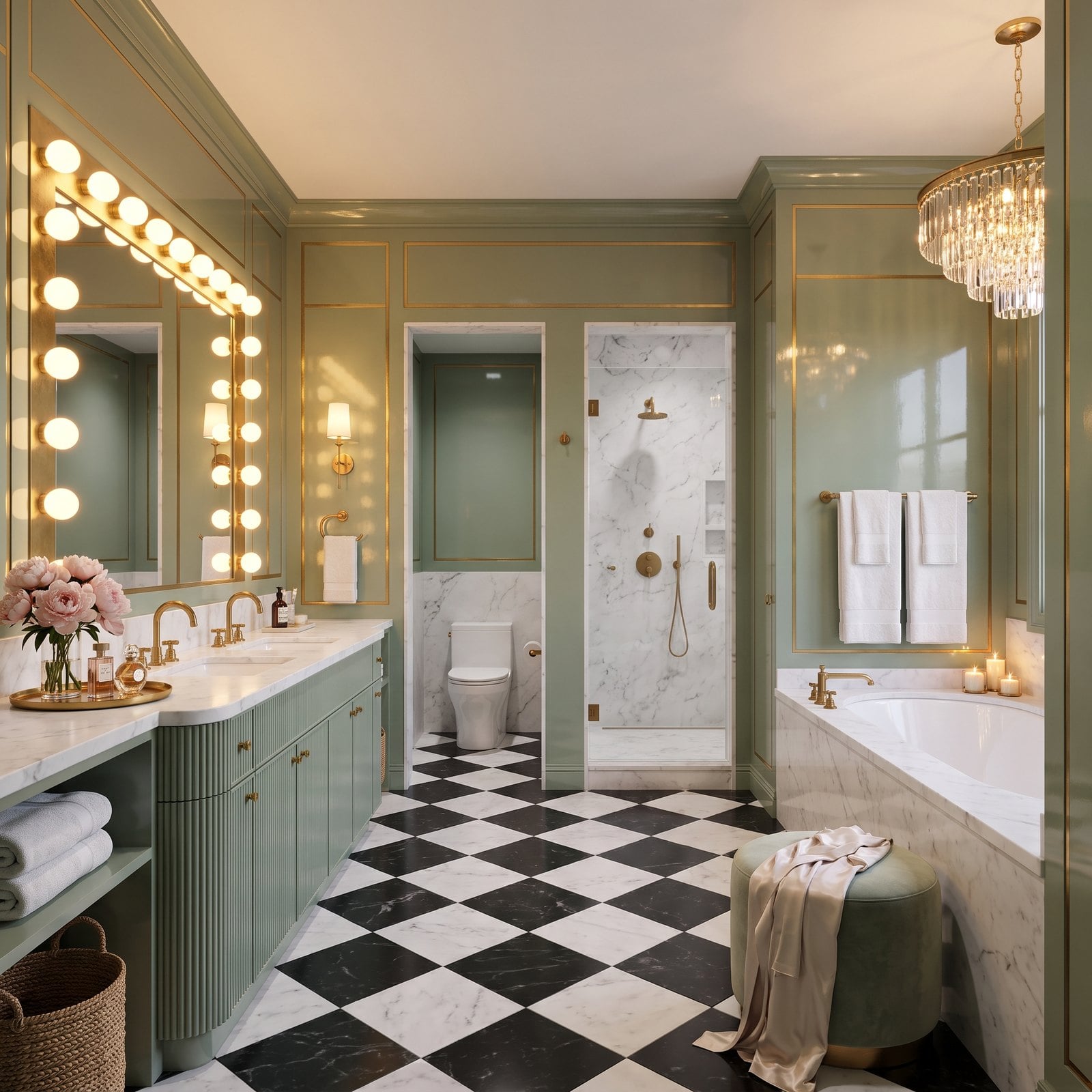 Old Hollywood Glamour in Sage Lacquer, Marble and Polished Brass